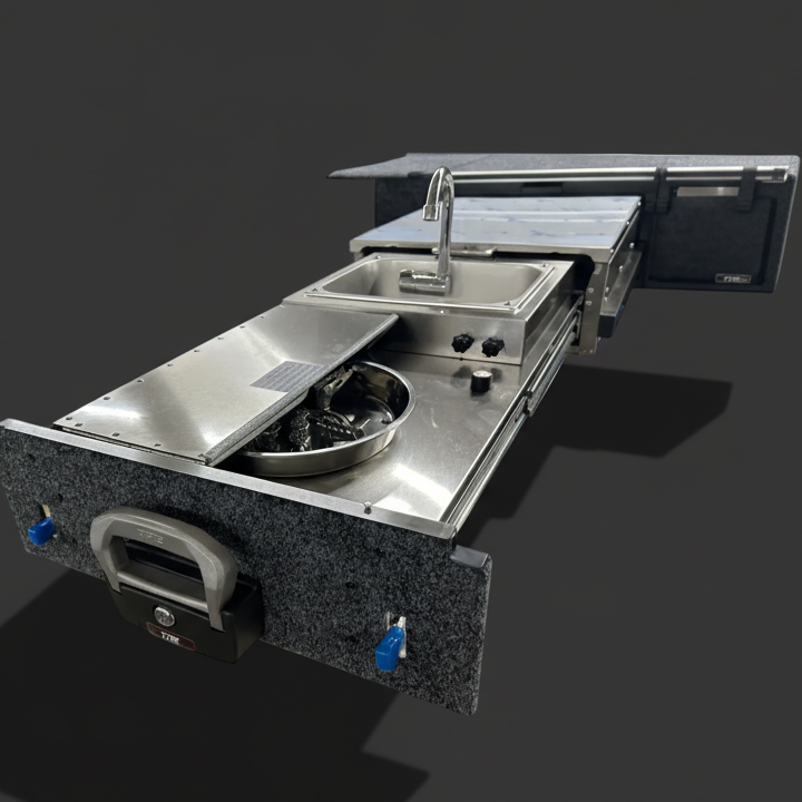 Portable kitchen setup with sink, stove