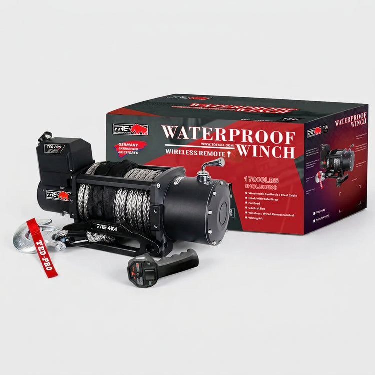 Waterproof winch with its packaging on a white background