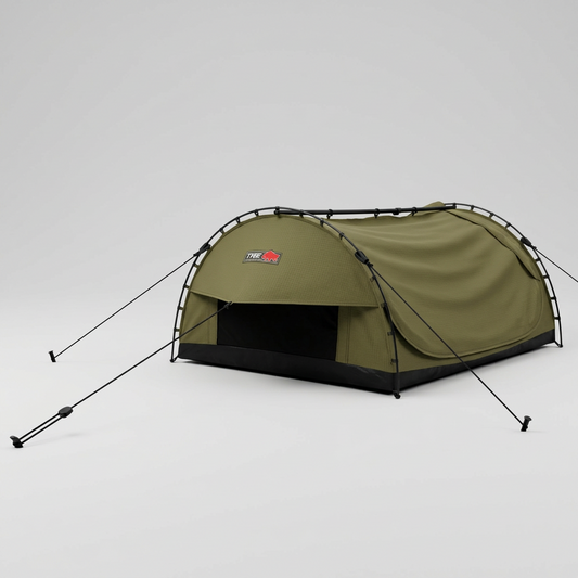 Green tent with a brand logo on a white background