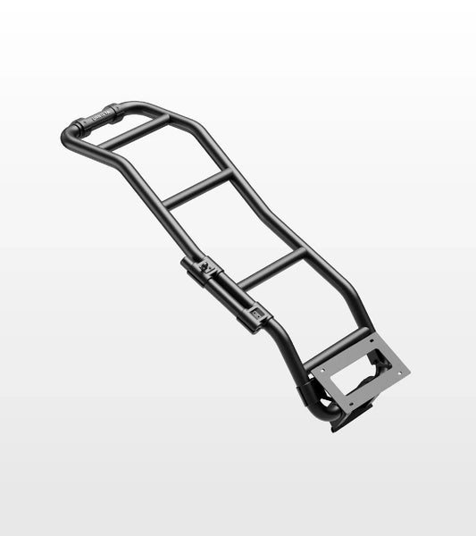 Black metal luggage rack on a white background