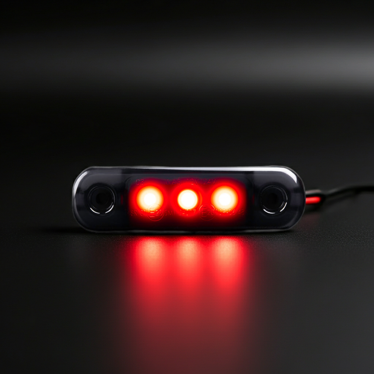 A black rectangular light bar with three glowing red LED lights, shown on a dark reflective surface with the red light reflections below.